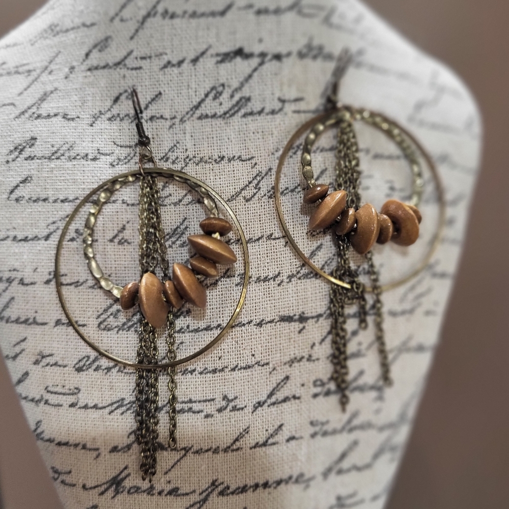 Gold Tone Hoops With Beads And Chain Hook Earrings *3/$30 Sale*
